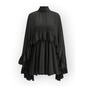 Commense Black Semi-Sheer Chiffon Ruffle Mini Dress with Cape Overlay – Size M